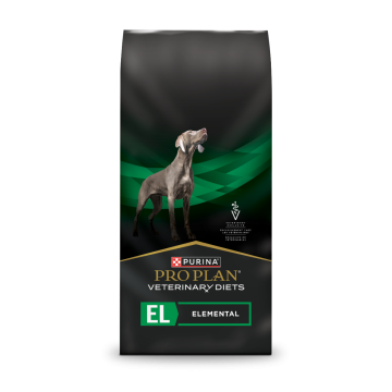 A bag of Purina Pro Plan Veterinary Diets EL Elemental dry dog food.