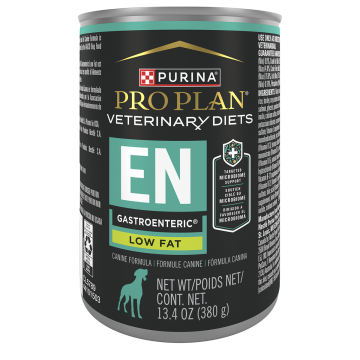 A can of Purina Pro Plan Veterinary Diets EN Gastroenteric Low Fat wet dog food.