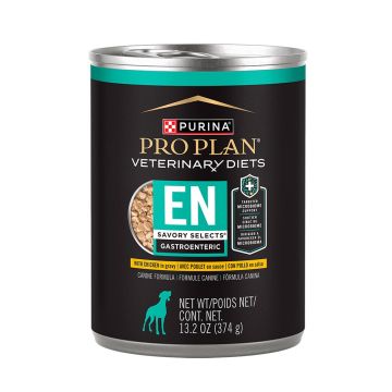 A can of Purina Pro Plan Veterinary Diets EN Savory Selects Gastroenteric chicken in gravy wet dog food.