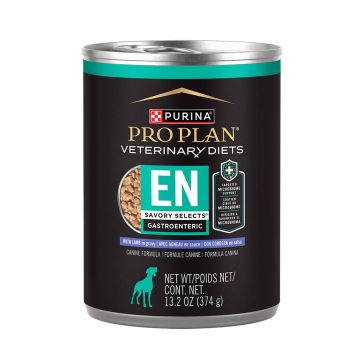 A can of Purina Pro Plan Veterinary Diets EN Savory Selects Gastroenteric lamb in gravy wet dog food.