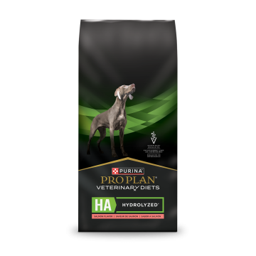 A bag of Purina Pro Plan Veterinary Diets HA Hydrolyzed salmon dry dog food.
