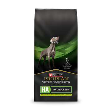A bag of Purina Pro Plan Veterinary Diets HA Hydrolyzed vegetarian dry dog food.
