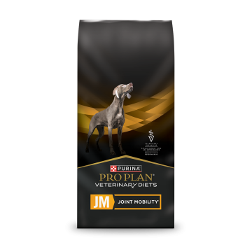 A bag of Purina Pro Plan Veterinary Diets JM Joint Mobility dry dog food.