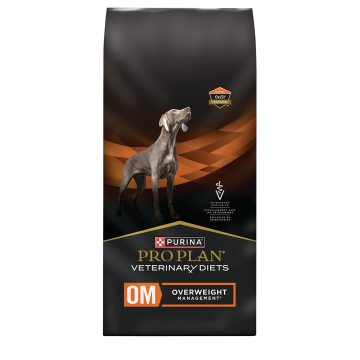A bag of Purina Pro Plan Veterinary Diets OM Overweight Management dry dog food.