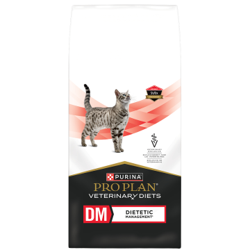 A bag of Purina Pro Plan Veterinary Diets DM Dietetic Management dry cat food.