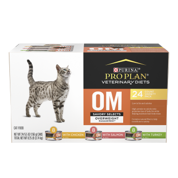 A 24 can variety pack of Purina Pro Plan Veterinary Diets OM Overweight Management Savory Selects wet cat food.