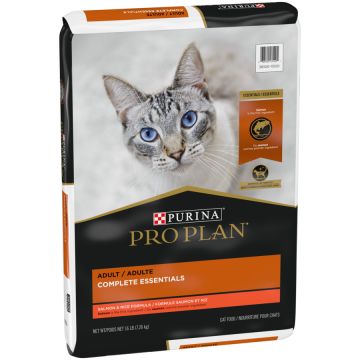 A bag of Purina Pro Plan Complete Essentials salmon and rice formula dry cat food.