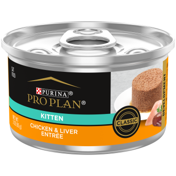 A can of Purina Pro Plan chicken and liver wet kitten food.