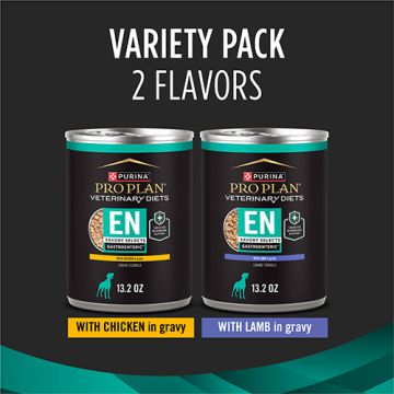 Pro Plan Veterinary Diets EN Gastroenteric Savory Selects wet dog food variety pack comes with chicken and lamb flavors.