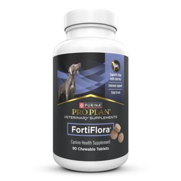 A bottle of 90 Chewable Tablets of Pro Plan Veterinary Supplements FortiFlora Canine Health Supplement.