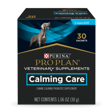 A 30 sachet box of Purina Pro Plan Veterinary Supplements Calming Care canine probiotic supplement.