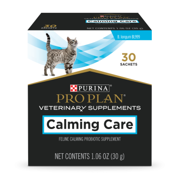 A 30 sachet box of Purina Pro Plan Veterinary Supplements Calming Care feline probiotic supplement.