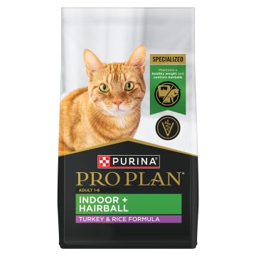 A bag of Pro Plan Indoor Hairball Turkey and Rice dry cat food.