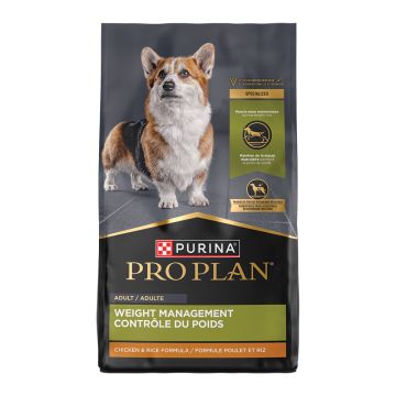 A bag of Purina Pro Plan Weight Management chicken and rice dry dog food.