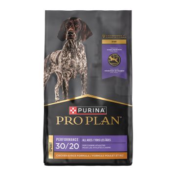 A bag of Purina Pro Plan Veterinary Diets Adult Performance 30/20 Chicken & Rice Formula dry dog food.