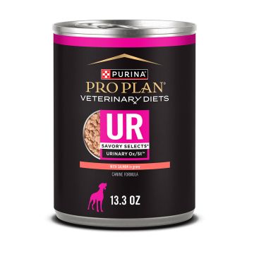 13.3 oz can of Purina Pro Plan Veterinary Diets UR urinary support salmon wet dog food in gravy.