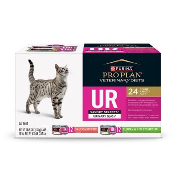 1) Pro Plan Veterinary Diets UR Savory Selects Urinary St/Ox Wet Cat Food 24 Count Variety Pack. 