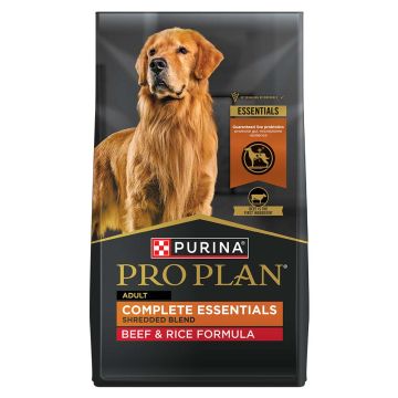 Bag of Purina Pro Plan Complete Essentials beef and rice dry dog food