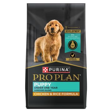 Bag of Purina Pro Plan Puppy Shredded Blend chicken and rice dry dog food