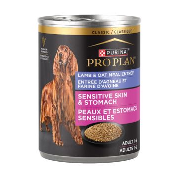 Purina Pro Plan dog food package label highlighting Made with Real Lamb for a Taste Dogs Love