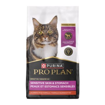 A bag of Pro Plan Sensitive Skin and Stomach Adult Salmon and Rice dry cat food.