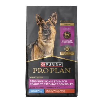 A bag of Pro Plan Large Breed Sensitive Skin and Stomach Salmon and Rice dry dog food.