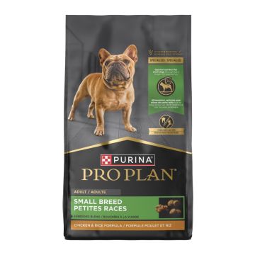 A bag of Purina Pro Plan Small Breed Shredded Blend chicken and rice dry dog food.