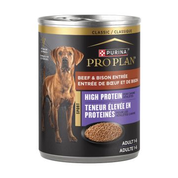 A can of Purina Pro Plan Sport high protein beef and bison wet dog food.