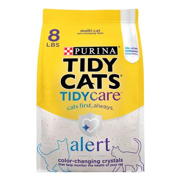 An 8 pound bag of Tidy Cats Tidy Care Alert color changing cat litter.