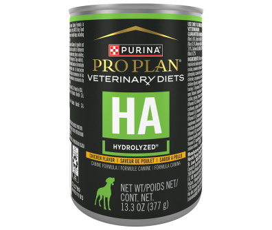 A can of Purina Pro Plan Veterinary Diets HA Hydrolyzed Chicken wet dog food.
