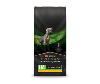 A bag of Purina Pro Plan Veterinary Diets HA Hydrolyzed Chicken dry dog food.