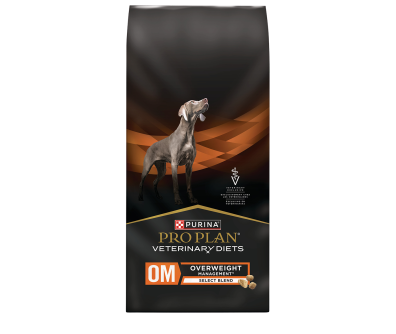 A bag of Purina Pro Plan Veterinary Diets OM Overweight Management Select Blend dry dog food.