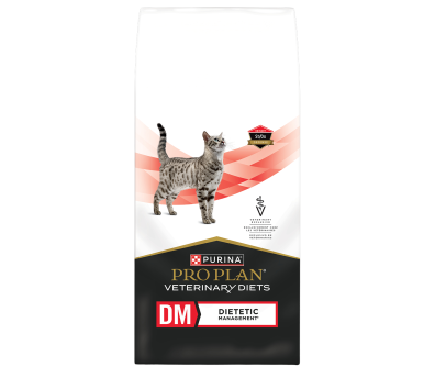 A bag of Purina Pro Plan Veterinary Diets DM Dietetic Management dry cat food.