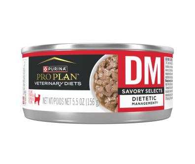A can of Purina Pro Plan Veterinary Diets DM Diabetic Management Savory Selects wet cat food.