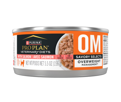 A can of Purina Pro Plan Veterinary Diets OM Overweight Management Savory Selects Salmon wet cat food.