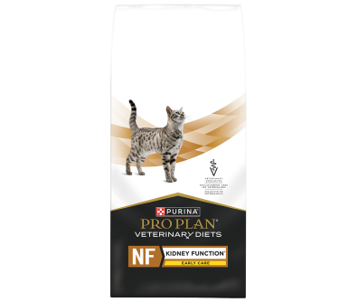 A bag of Purina Pro Plan Veterinary Diets NF Kidney Function Early Care dry cat food.