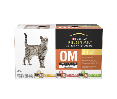 A 24 can variety pack of Purina Pro Plan Veterinary Diets OM Overweight Management Savory Selects wet cat food.
