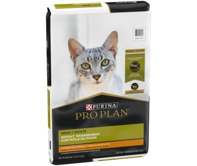 A bag of Purina Pro Plan Weight Management chicken and rice dry cat food.