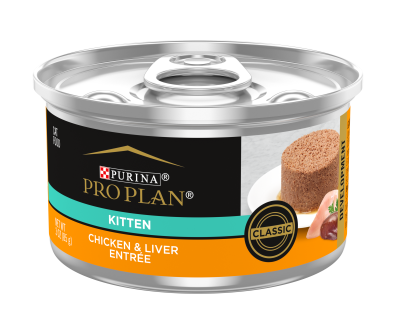 A can of Purina Pro Plan chicken and liver wet kitten food.