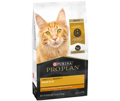 A bag of Purina Pro Plan Adult 7+ Prime Plus Chicken & Rice senior dry cat food.