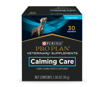 A 30 sachet box of Purina Pro Plan Veterinary Supplements Calming Care canine probiotic supplement.