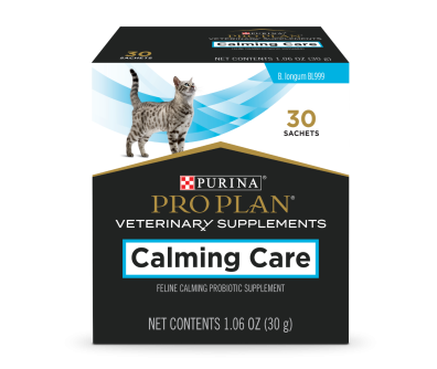 A 30 sachet box of Purina Pro Plan Veterinary Supplements Calming Care feline probiotic supplement.
