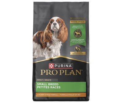 Purina Pro Plan Small Breed Shredded Blend chicken and rice dry dog food.