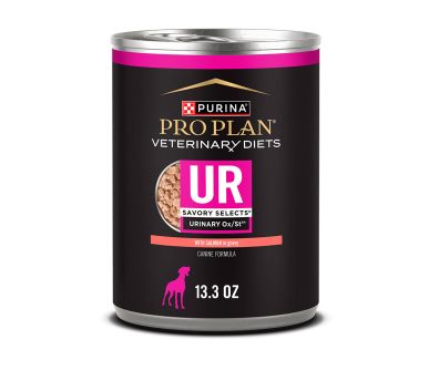 13.3 oz can of Purina Pro Plan Veterinary Diets UR urinary support salmon wet dog food in gravy.