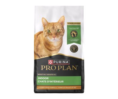 A bag of Pro Plan Indoor Adult Chicken and Rice dry cat food.