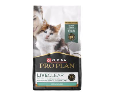 A bag of Purina Pro Plan LiveClear dry kitten food.