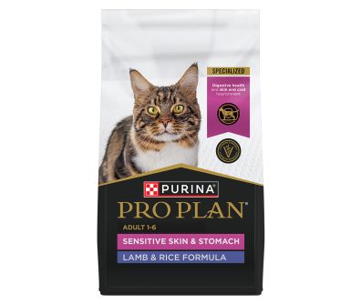 A bag of Purina Pro Plan Sensitive Skin and Stomach Adult Lamb and Rice dry cat food.