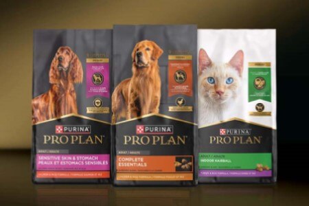 A selection of Purina Pro Plan dry dog and cat food.