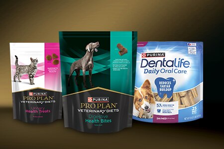 Pro Plan Veterinary Diets Urinary Health cat treats, Digestive Bites dogs treats, and Purina Dentalife Oral Care dog treats.