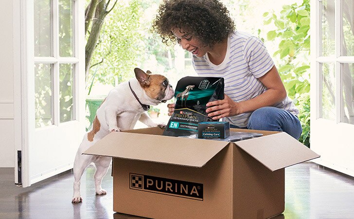 A woman unboxes her Pro Plan Vet Direct order with her dog happily by her side.